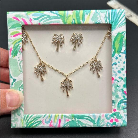 NEW Lilly Pulitzer Necklace Earring Set Gold Crystal Sparkling Palm Trees - Picture 2 of 7